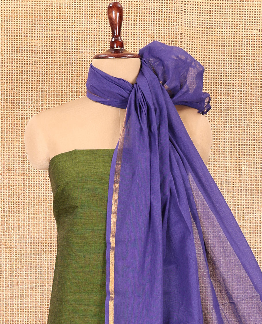 Green Handloom Cotton Material Chudidar, Plain and Contrast Traditional Zari-Bordered Top, a Contrast Plain Bottom, and Contrast Dupatta