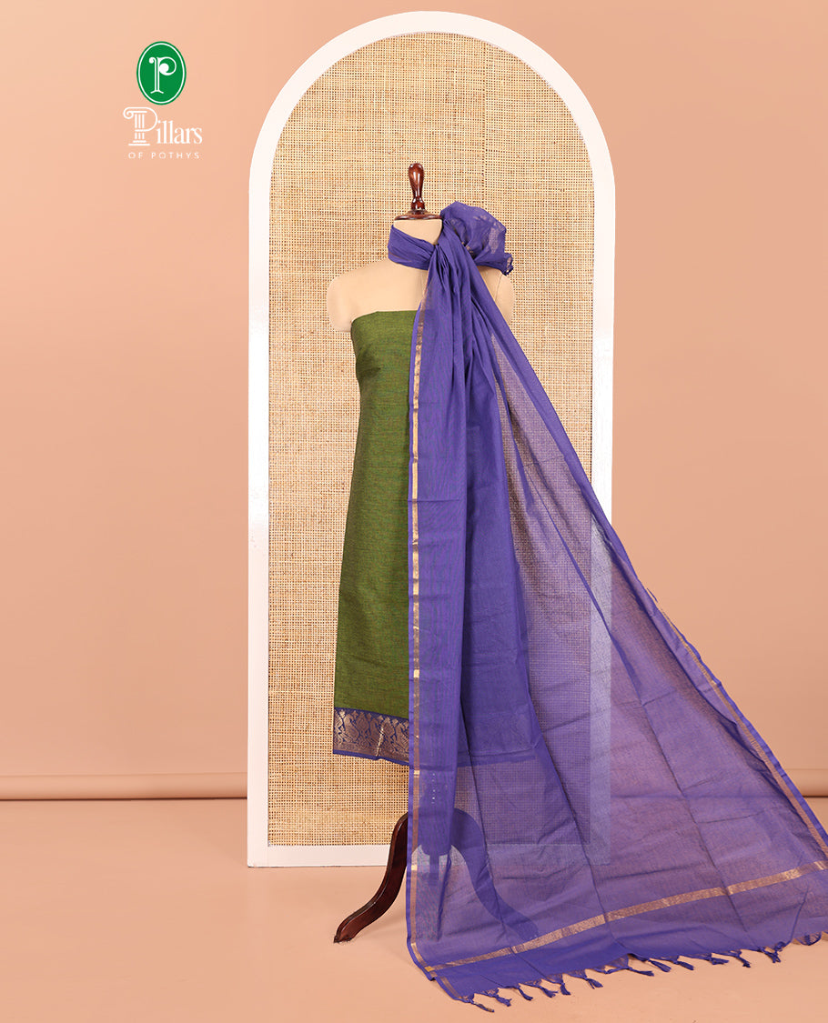 Green Handloom Cotton Material Chudidar, Plain and Contrast Traditional Zari-Bordered Top, a Contrast Plain Bottom, and Contrast Dupatta