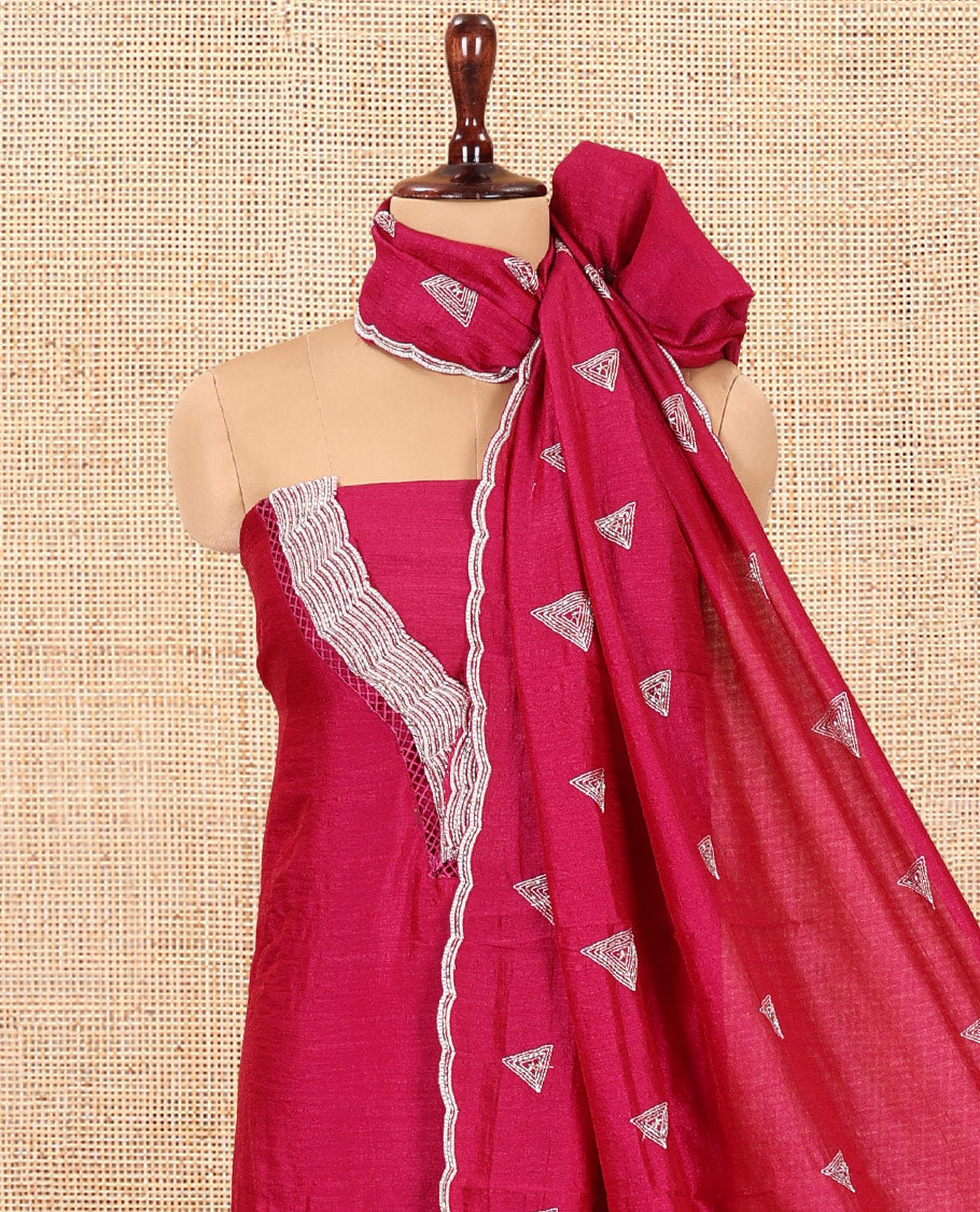 Magenta Vichitra Silk Material Chudidar Features a V-Neck Thread-Sequined Top, a Plain Bottom, Matching Thread-Sequined Dupatta
