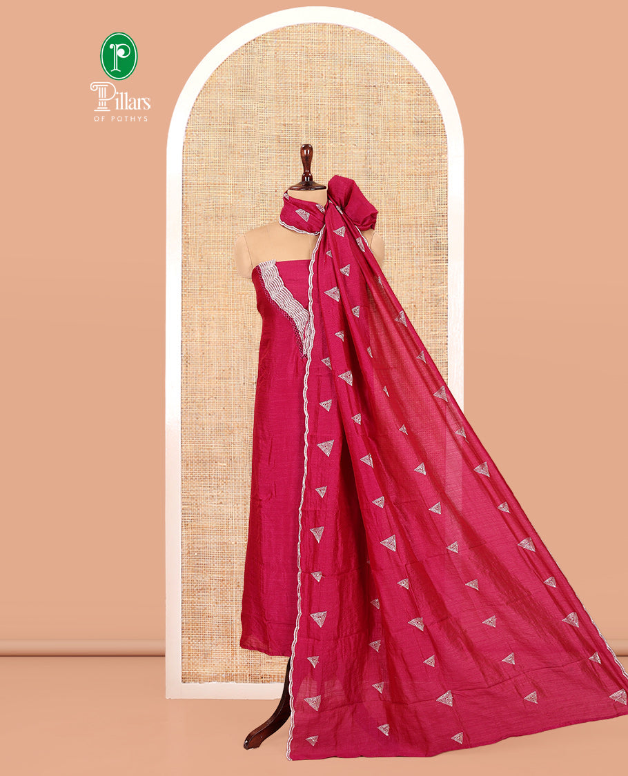 Magenta Vichitra Silk Material Chudidar Features a V-Neck Thread-Sequined Top, a Plain Bottom, Matching Thread-Sequined Dupatta
