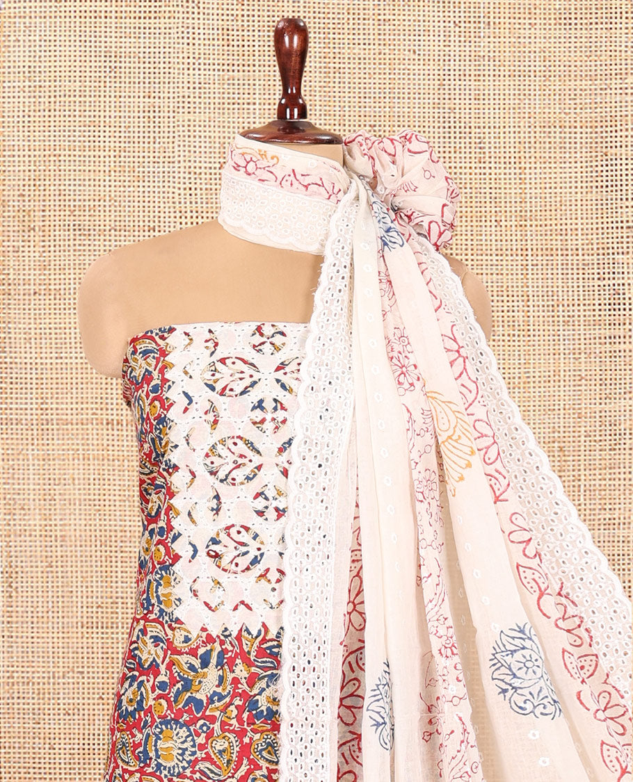 Red Cotton Material Chudidar, Floral Printed Hakoba Top, a Contrast Bottom, Print-Hakoba Dupatta