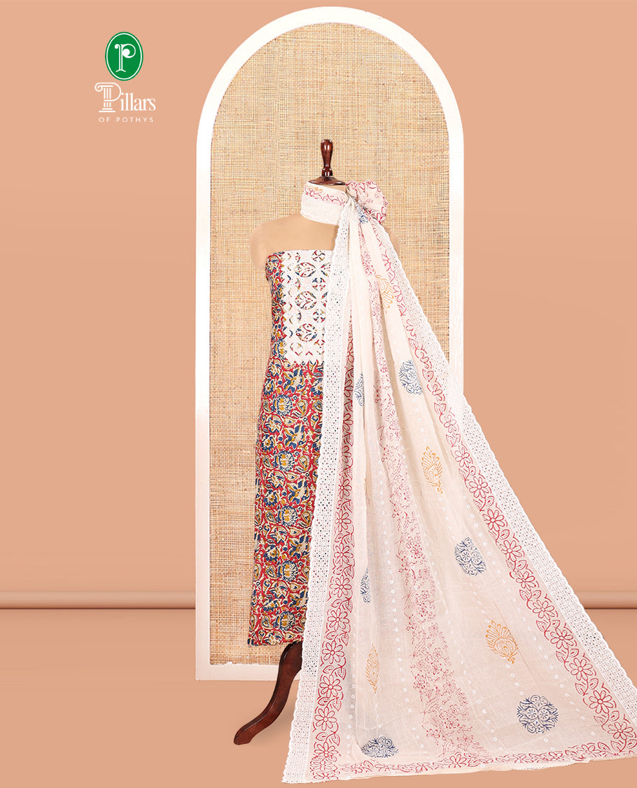 Red Cotton Material Chudidar, Floral Printed Hakoba Top, a Contrast Bottom, Print-Hakoba Dupatta