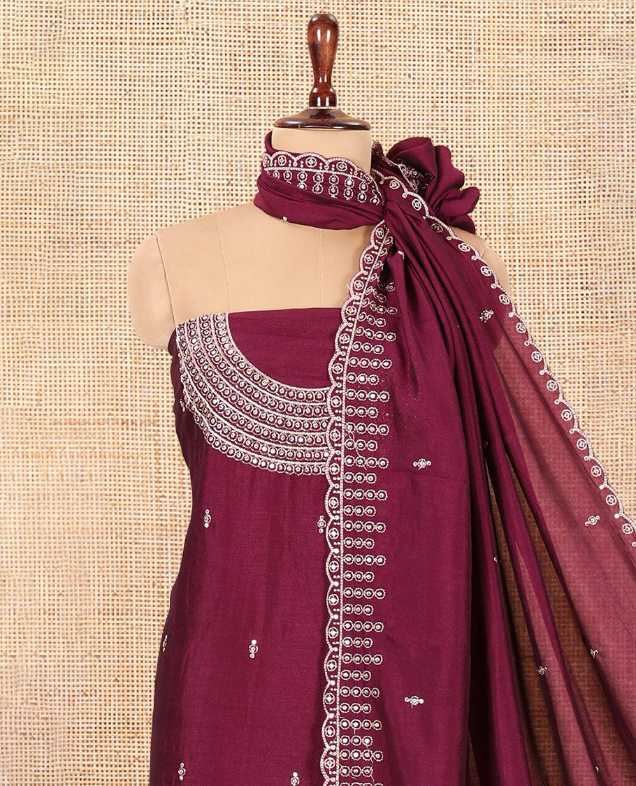 Wine Vichitra Silk Material Chudiddar, Embroidered Top, Plain Bottom, Scallop Embroidered Dupatta