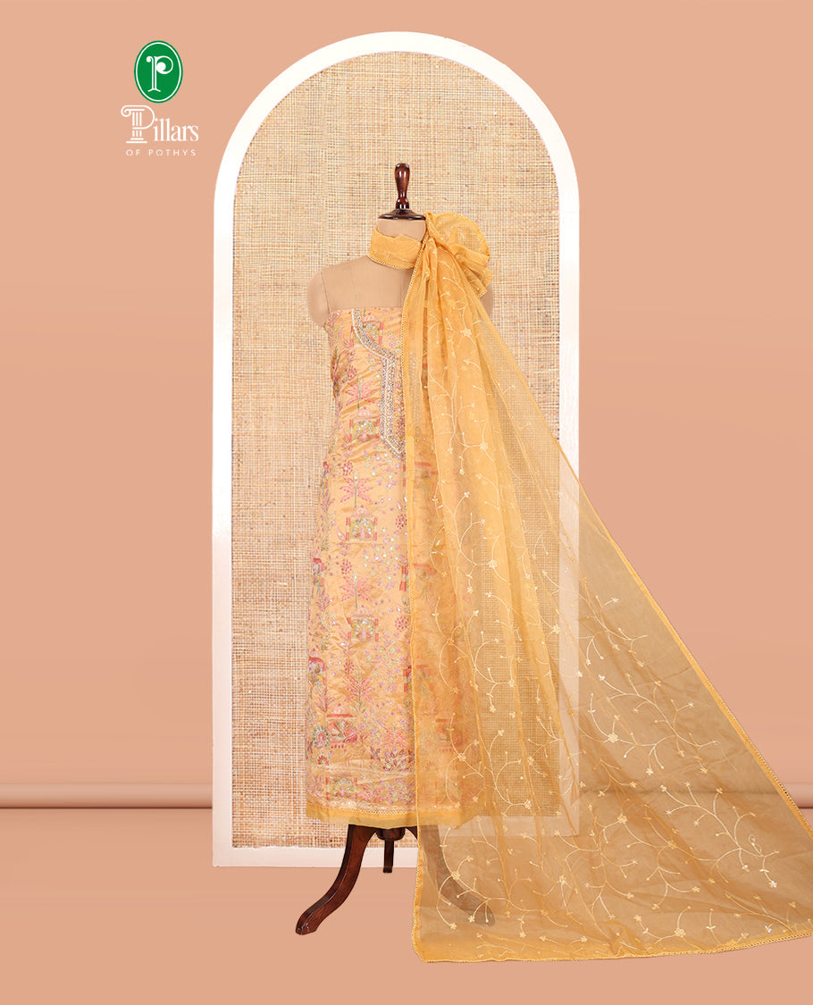 Golden Chikku Organza Material Churidar, Intricately Printed Outlined Embroidery Top, a Matching Bottom, and a Floral Embroidered Dupatta