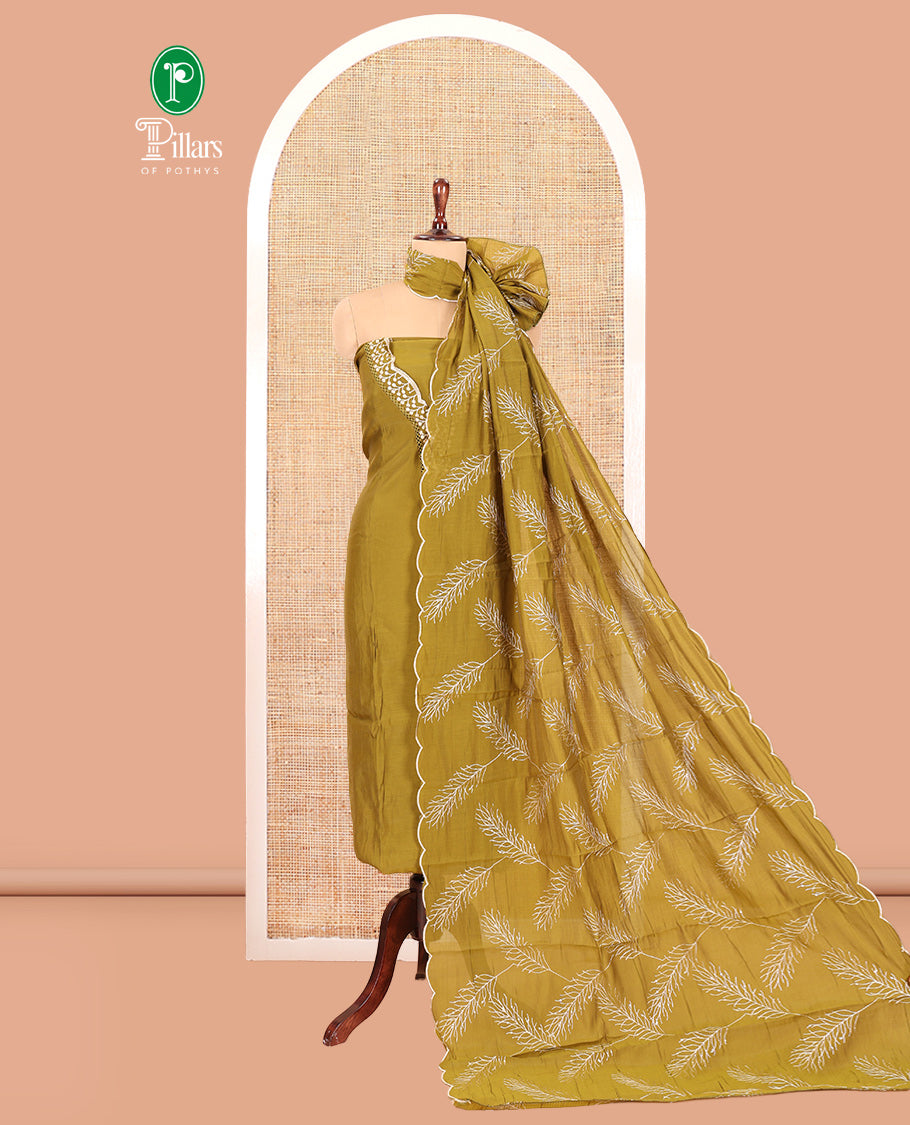 Mehendi Green Mul Chanderi Material Churidar Set, V-Neck Thread Embroidered Top, a Matching Bottom, a Thread Leaf Embroidered Dupatta