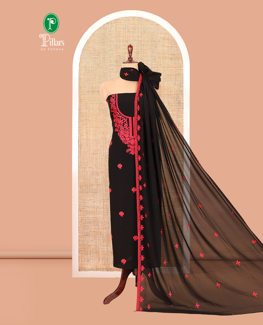 Black-Red Georgette Material Churidar Features Floral-Paisley Embroidered Top, Plain Bottom, Thread Embroidered Dupatta