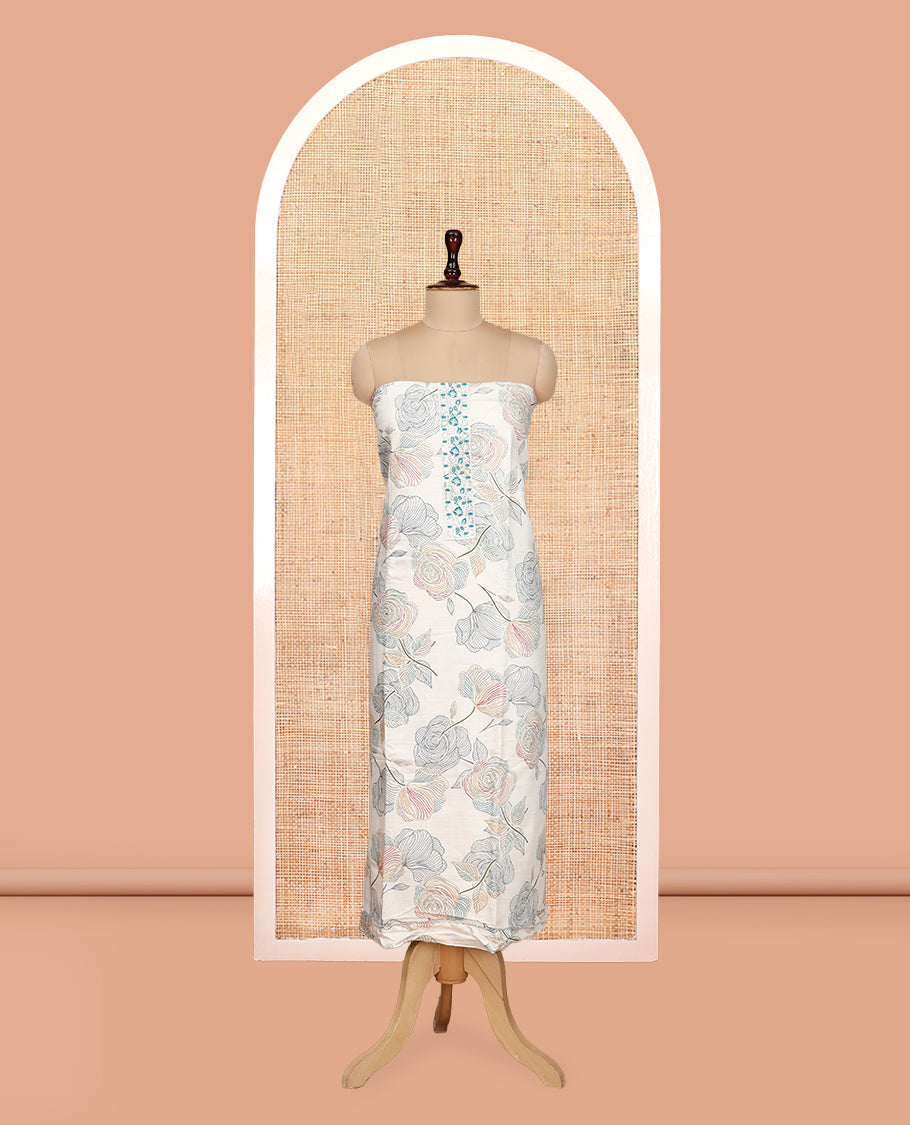 Cream Vertican Silk Material Churidar Features Floral Printed Neck Work Top, a Contrast Bottom, a Sequins Striped Dupatta