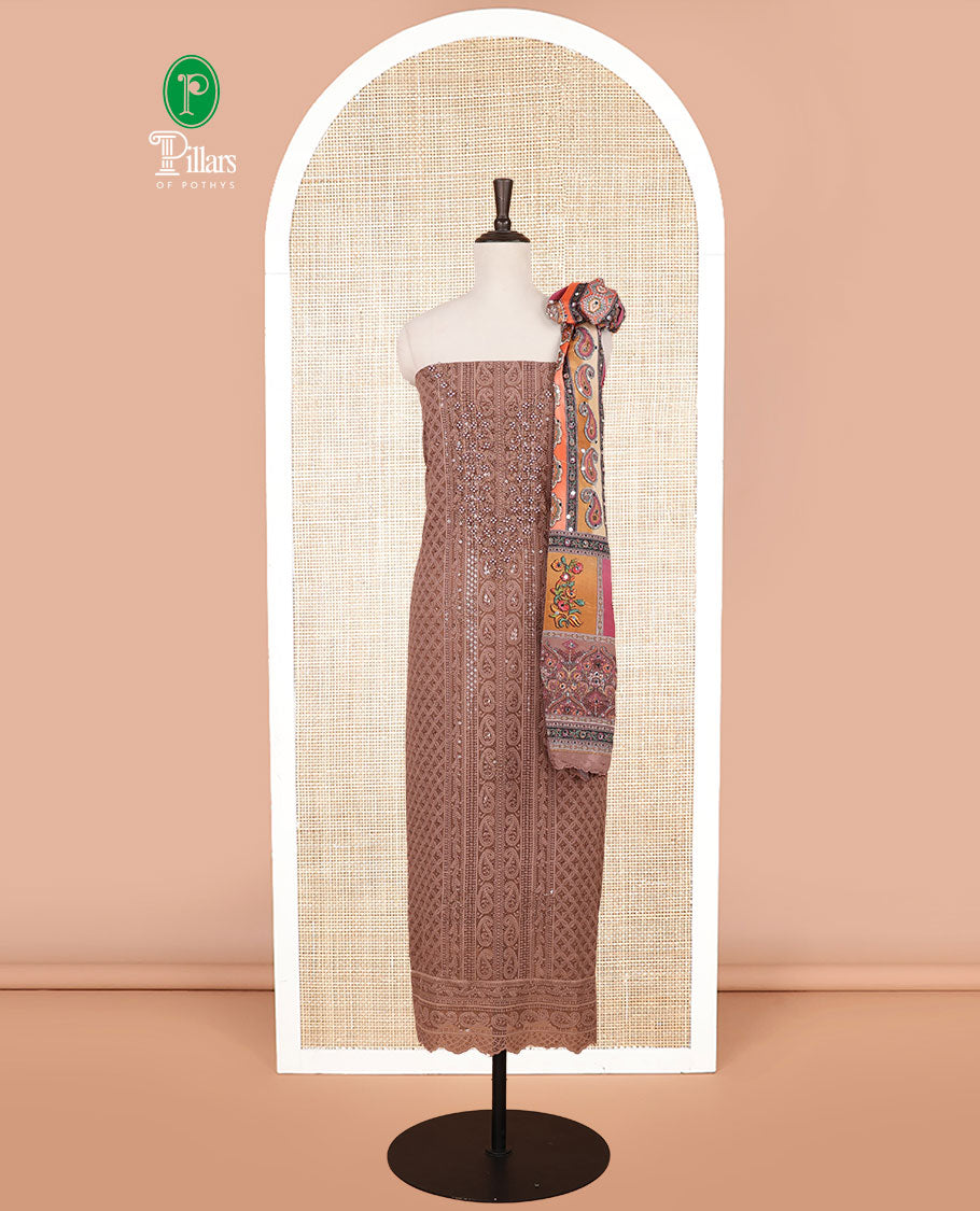 Chocolate brown shifli sequins work, swarovski stone, moti work georgette chudidhar material top with american crepe pant & chinnon material digital print , mirror work dupatta