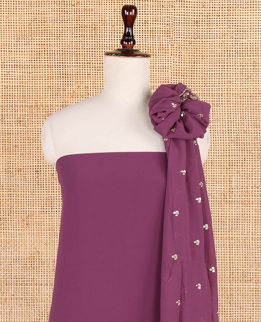 Dark lavender zari embroidery georgette chudidhar material top with american crepe pant & zari embroidery dupatta