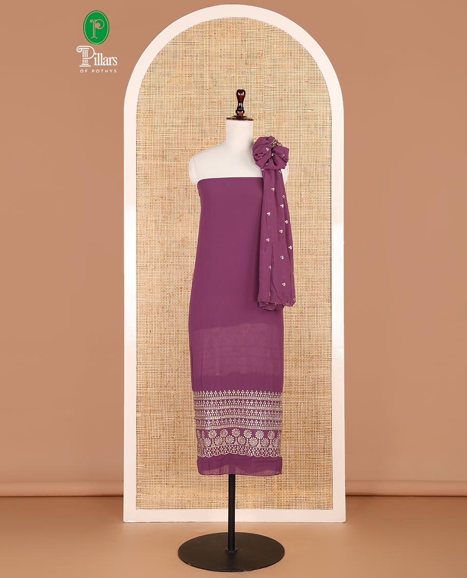 Dark lavender zari embroidery georgette chudidhar material top with american crepe pant & zari embroidery dupatta