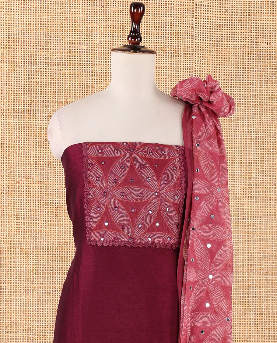 Wine material chudidar, brasso floral print & mirrorwork vichitra silk top, santoon bottom & shimmer georgette dupatta of floral print & mirrorwork