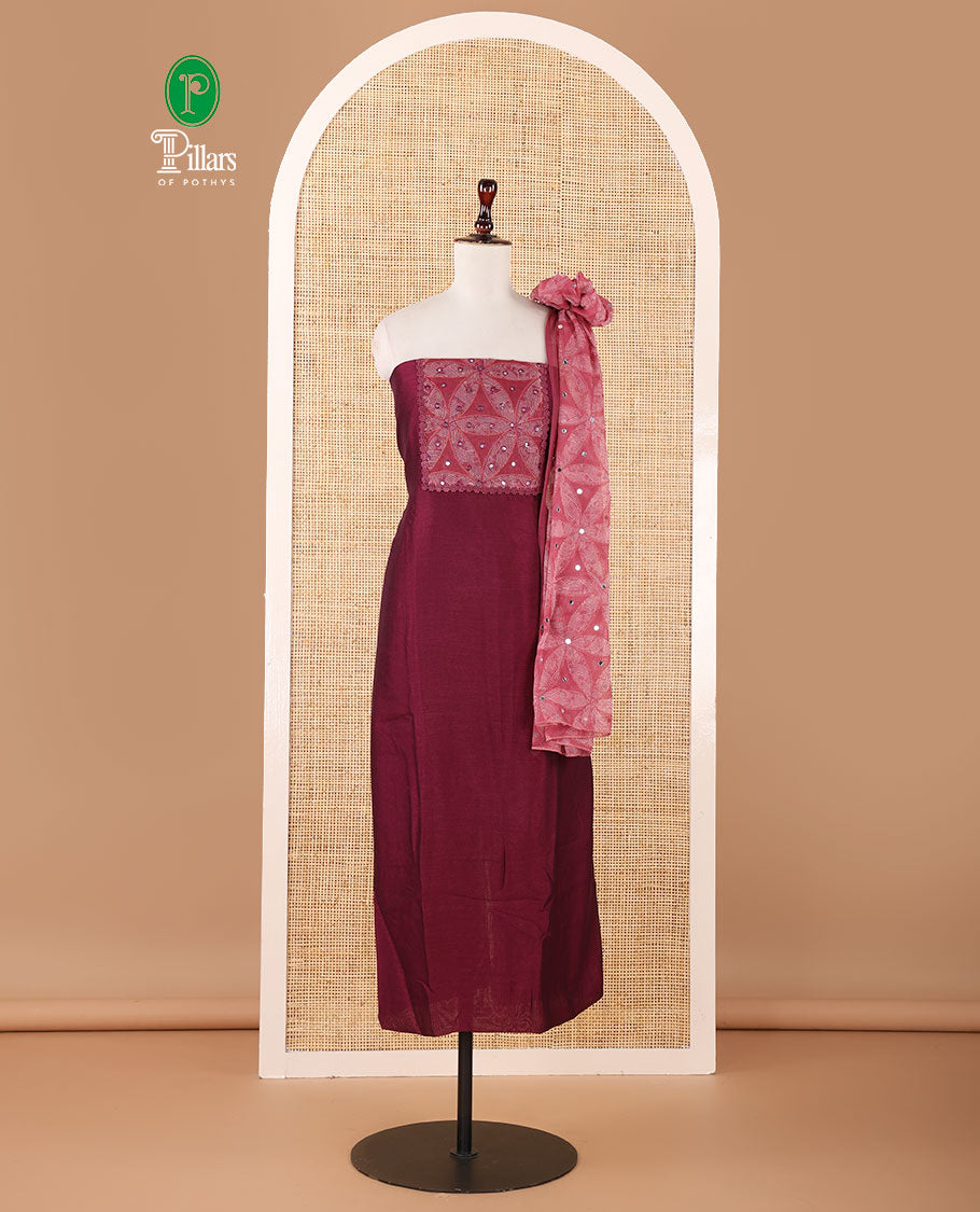 Wine material chudidar, brasso floral print & mirrorwork vichitra silk top, santoon bottom & shimmer georgette dupatta of floral print & mirrorwork