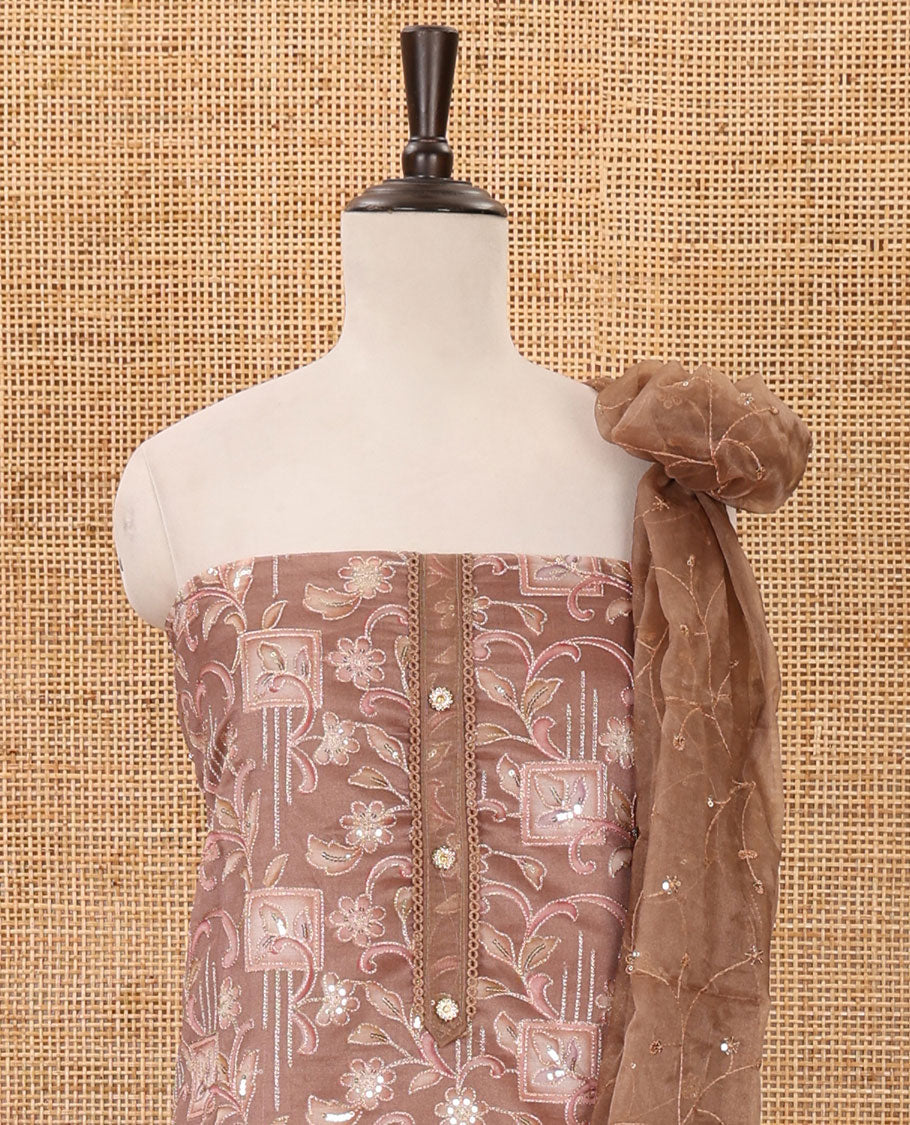 Light brown material chudidar set,floral-geometric print & outline embroidery organza top,plain bottom & floral vine sequins embroidery dupatta