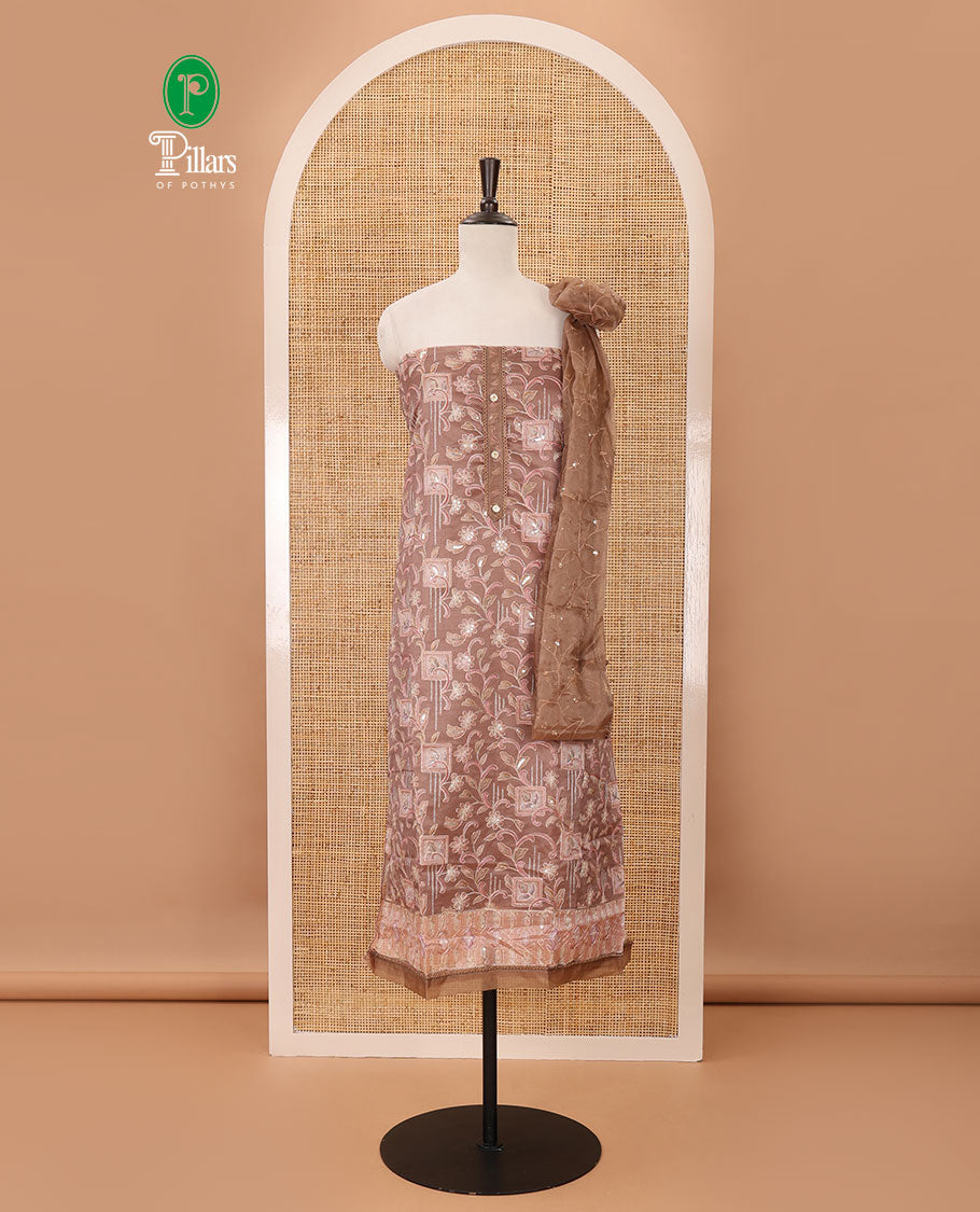 Light brown material chudidar set,floral-geometric print & outline embroidery organza top,plain bottom & floral vine sequins embroidery dupatta