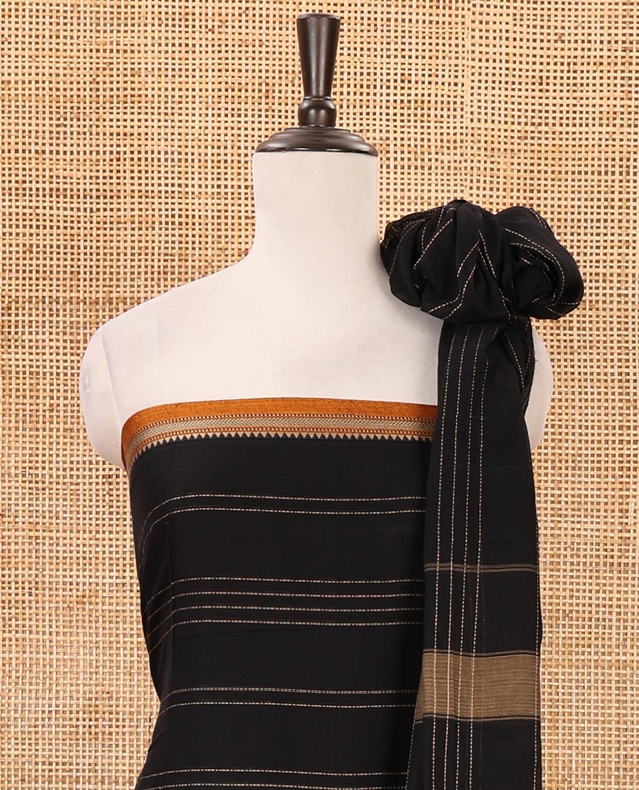 Black mercerized cotton material chudidar set,vertical striped contrast border top, matching threadwork bottom & traditional border matching dupatta