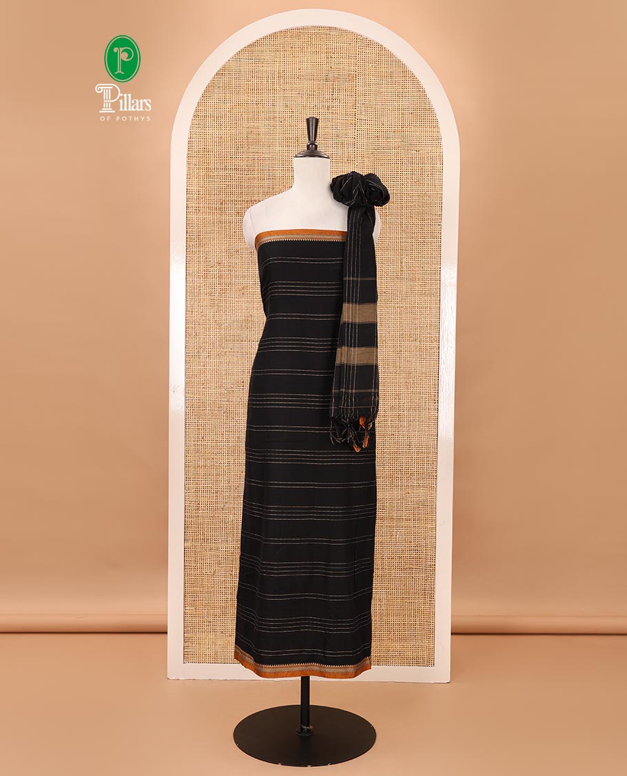 Black mercerized cotton material chudidar set,vertical striped contrast border top, matching threadwork bottom & traditional border matching dupatta