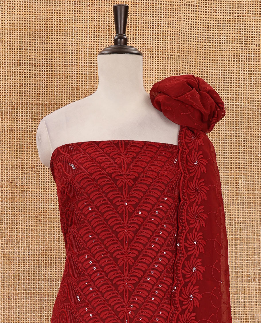 Maroon material chudidar set, intricately schiffli embroidered georgette top & sequins embroidered scallop georgette dupatta