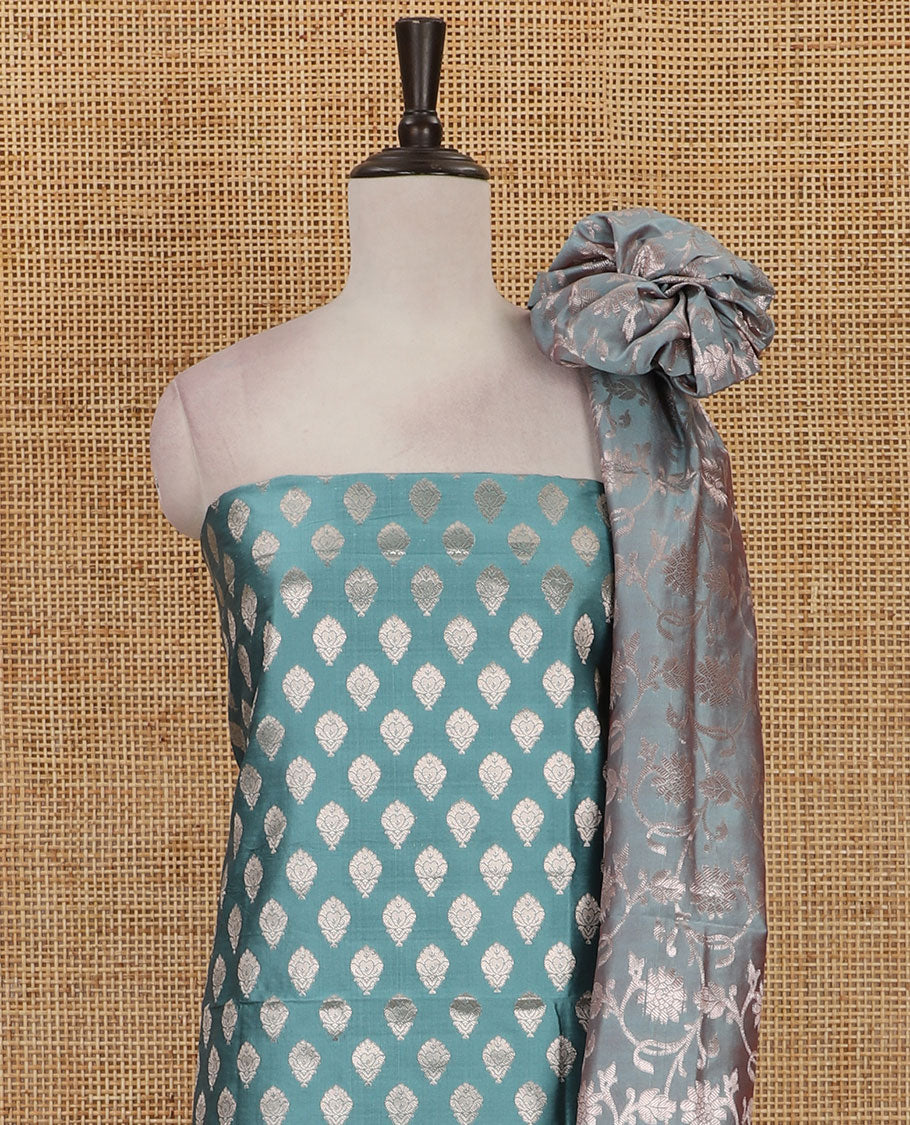 Teal banarasi material chudidar set, zari buttas woven top, plain bottom, and floral jaal jacquard taffeta silk dupatta