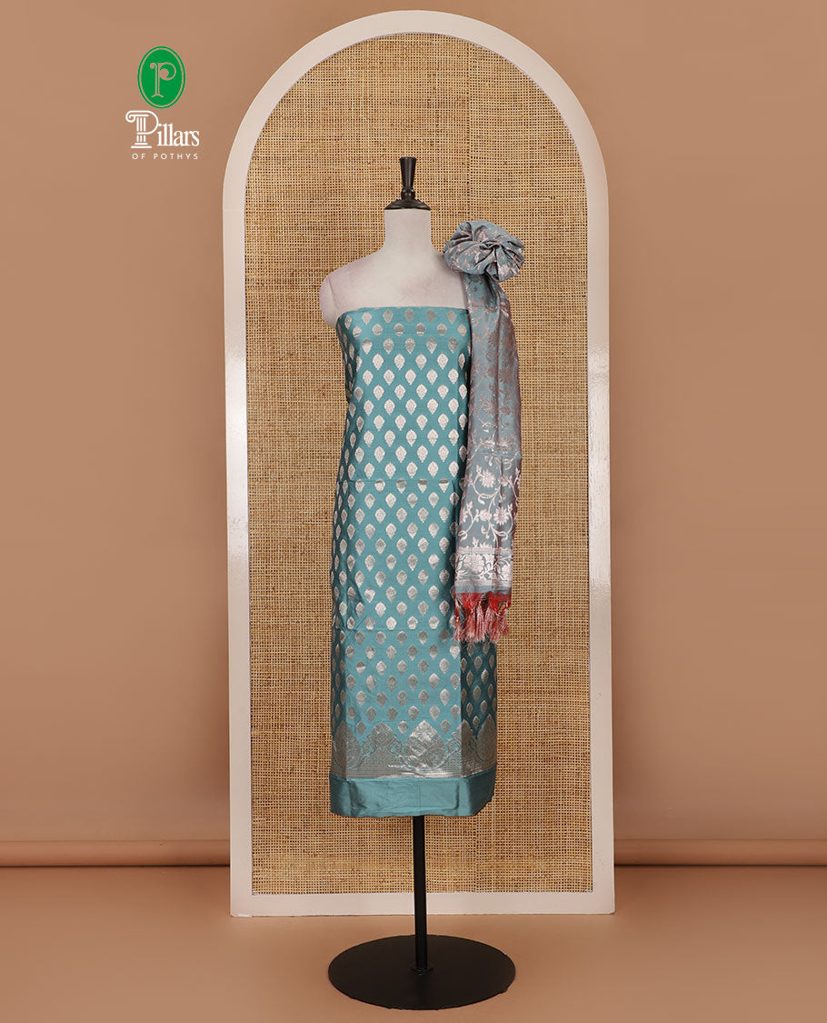 Teal banarasi material chudidar set, zari buttas woven top, plain bottom, and floral jaal jacquard taffeta silk dupatta