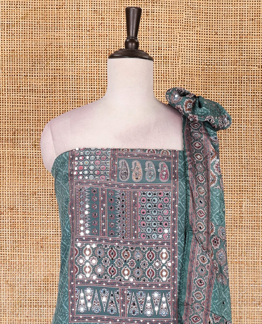 Hunter green material chudidar set, intricately printed with neck mirror work crepe top, Italian crepe bottom, and digital printed mirror work chinon dupatta