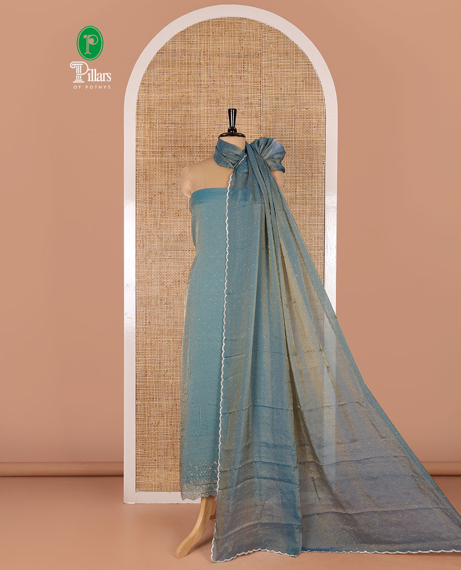 Blue material chudidar set, stone work moss organza top, a matching bottom, and scallop stone work moss organza dupatta