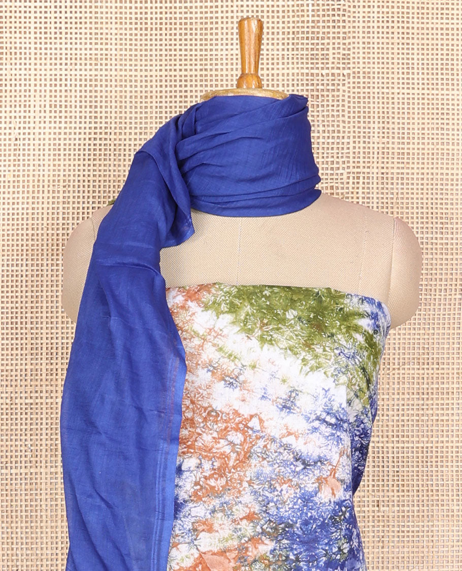 Multi-color chudidhar material pure cotton batik print top with cotton pants & double side hand print dupatta