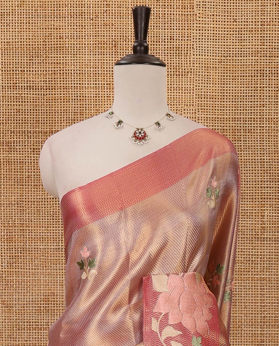 Dark pink floral thread embroidery celebrity tissue saree, floral vine multi-color thread embroidered border & embroidery pallu