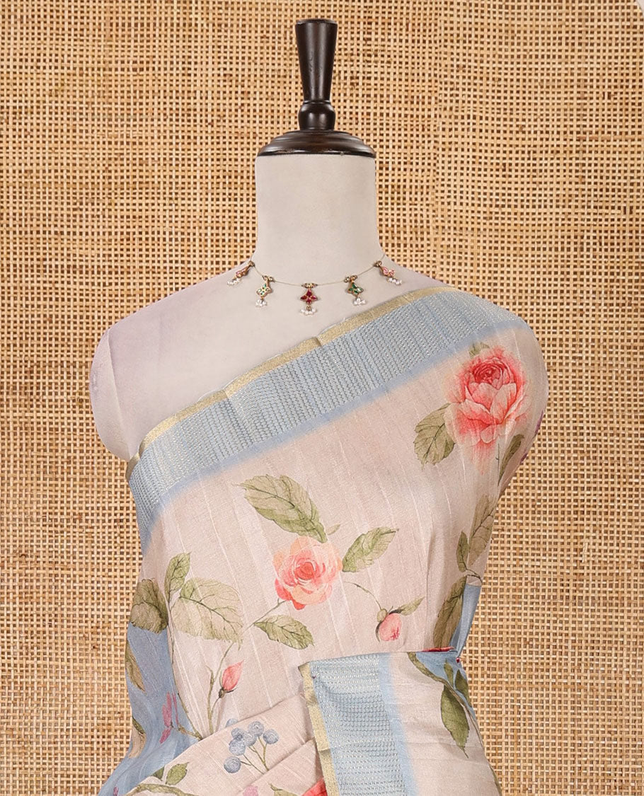 Sky blue floral-leaf printed fancy tussar silk saree, zari woven border & zari striped pallu & matching stripes & floral printed blouse