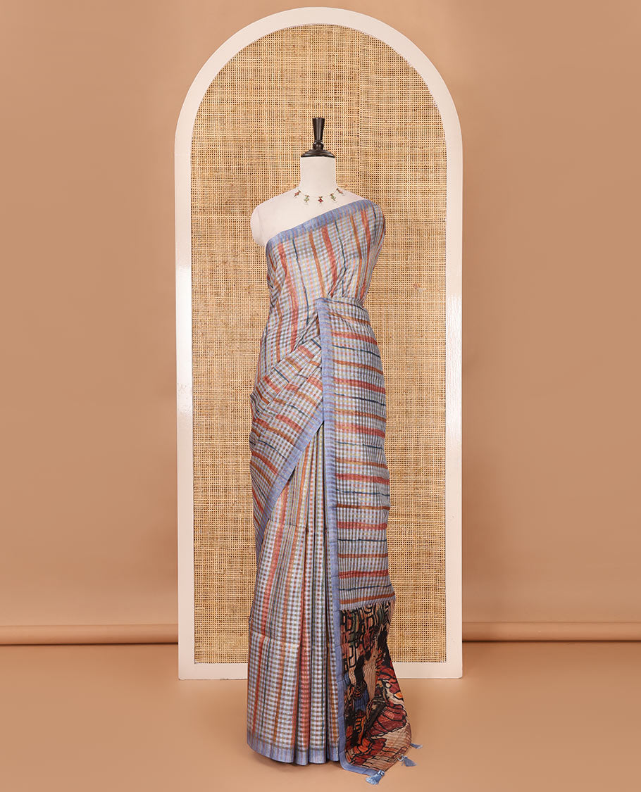 Borderless grey checked & stripes printed fancy tussar saree, contrast painting-style Indian woven motifs printed pallu & checked printed blouse