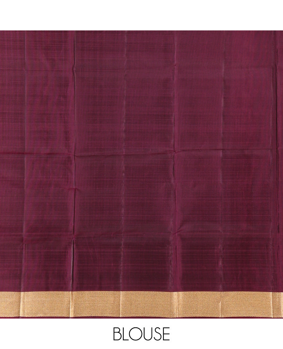 Peach Vasundhara Silk Saree Featuring Floral Zari Buttas and Skrit-Border-Style Contrast Annam Chakram Butta Enclosed Checked Border, Majestically Zari Detailed Pallu, and Paired with a Contrast Blouse