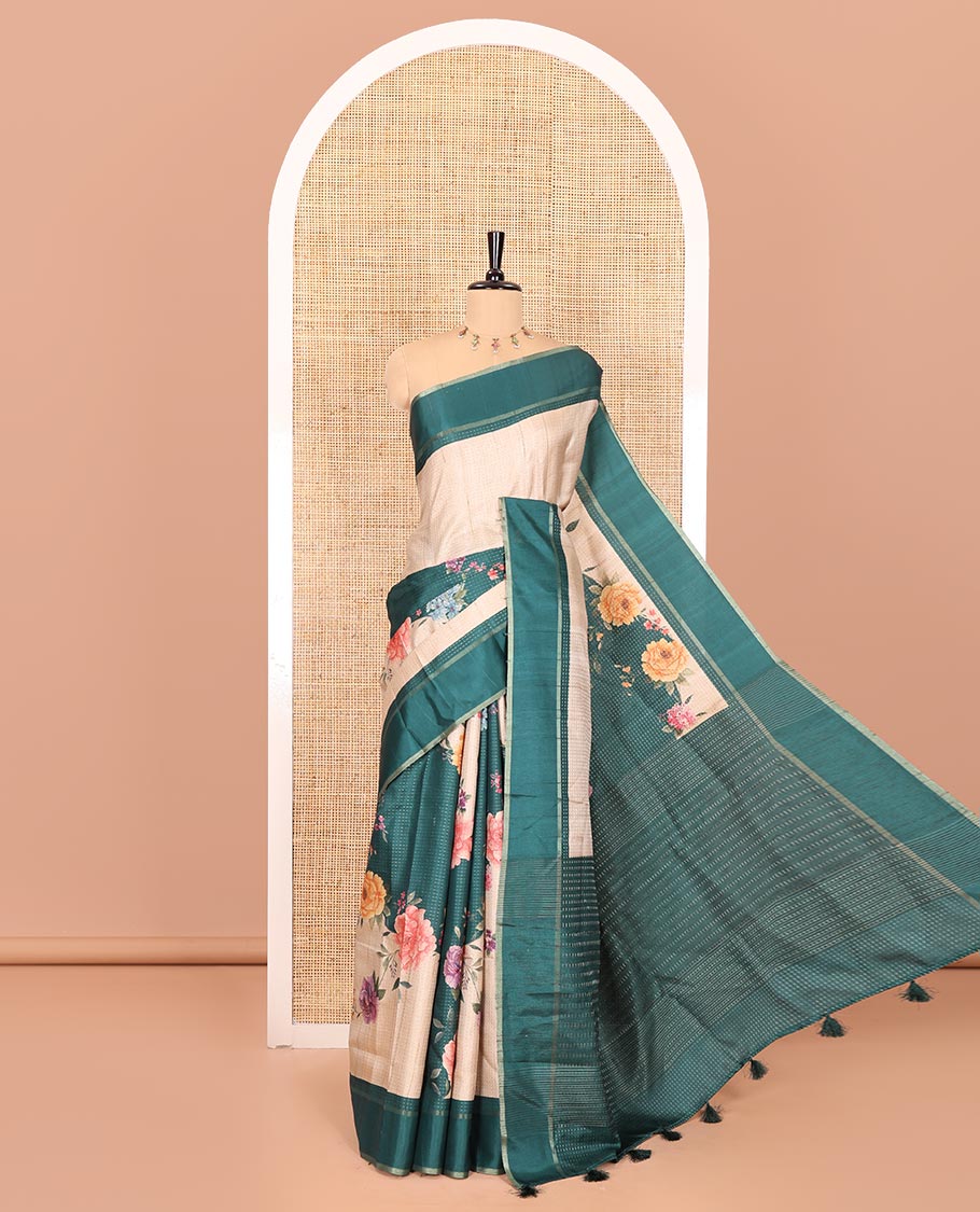Rama green diagonal floral striped digital printed fancy tussar saree, contrast striped border, zari design pallu, and a contrast floral printed blouse