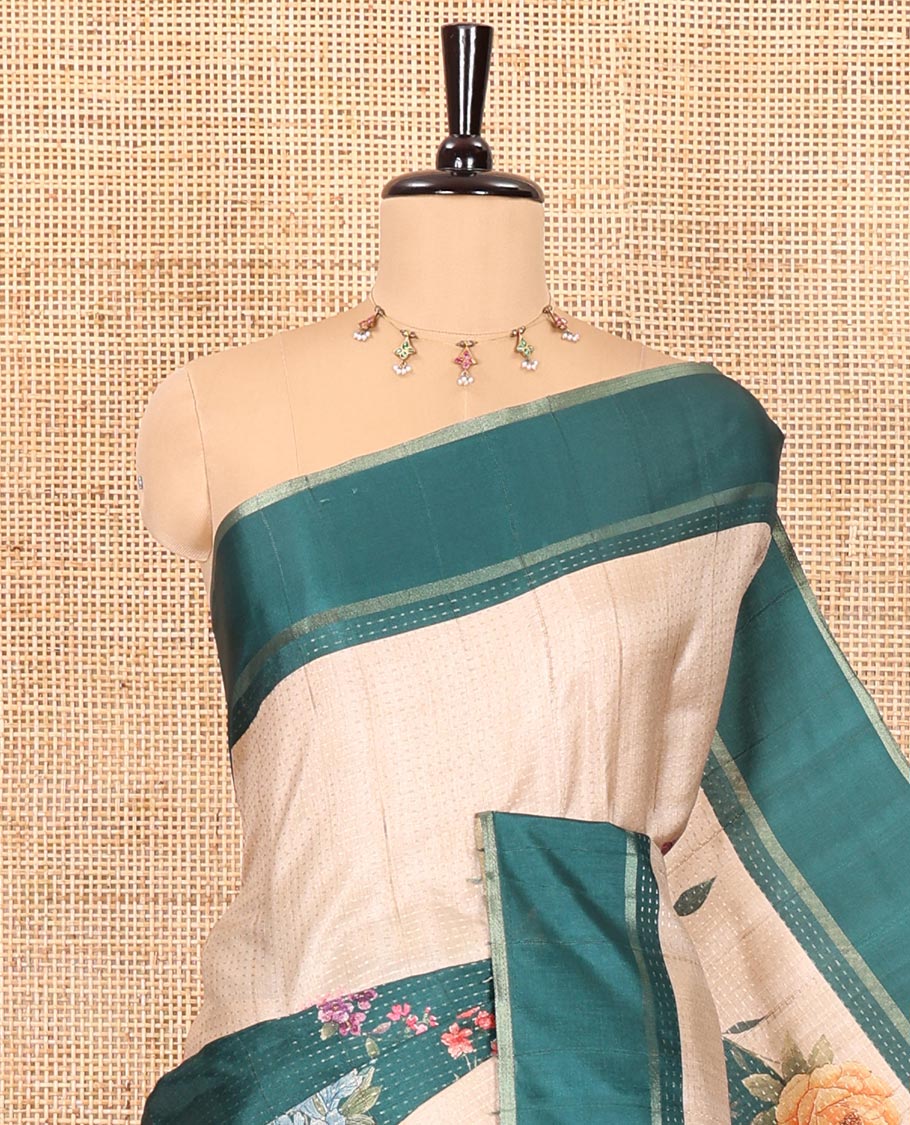 Rama green diagonal floral striped digital printed fancy tussar saree, contrast striped border, zari design pallu, and a contrast floral printed blouse