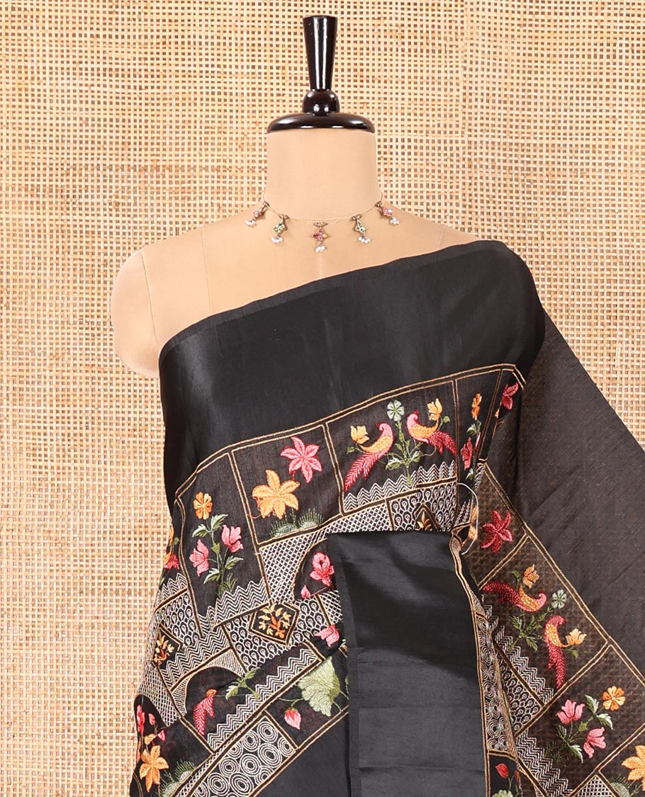 Black Green-Silk Saree, Artfully Embroidered with Mughal-Style Floral-Fauna Enclosed Jaal Designs, Subtle Satin Border, Artfully Multi-Color Embroidered Pallu, and Paired with a Matching Blouse