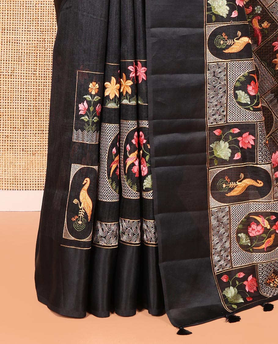 Black Green-Silk Saree, Artfully Embroidered with Mughal-Style Floral-Fauna Enclosed Jaal Designs, Subtle Satin Border, Artfully Multi-Color Embroidered Pallu, and Paired with a Matching Blouse