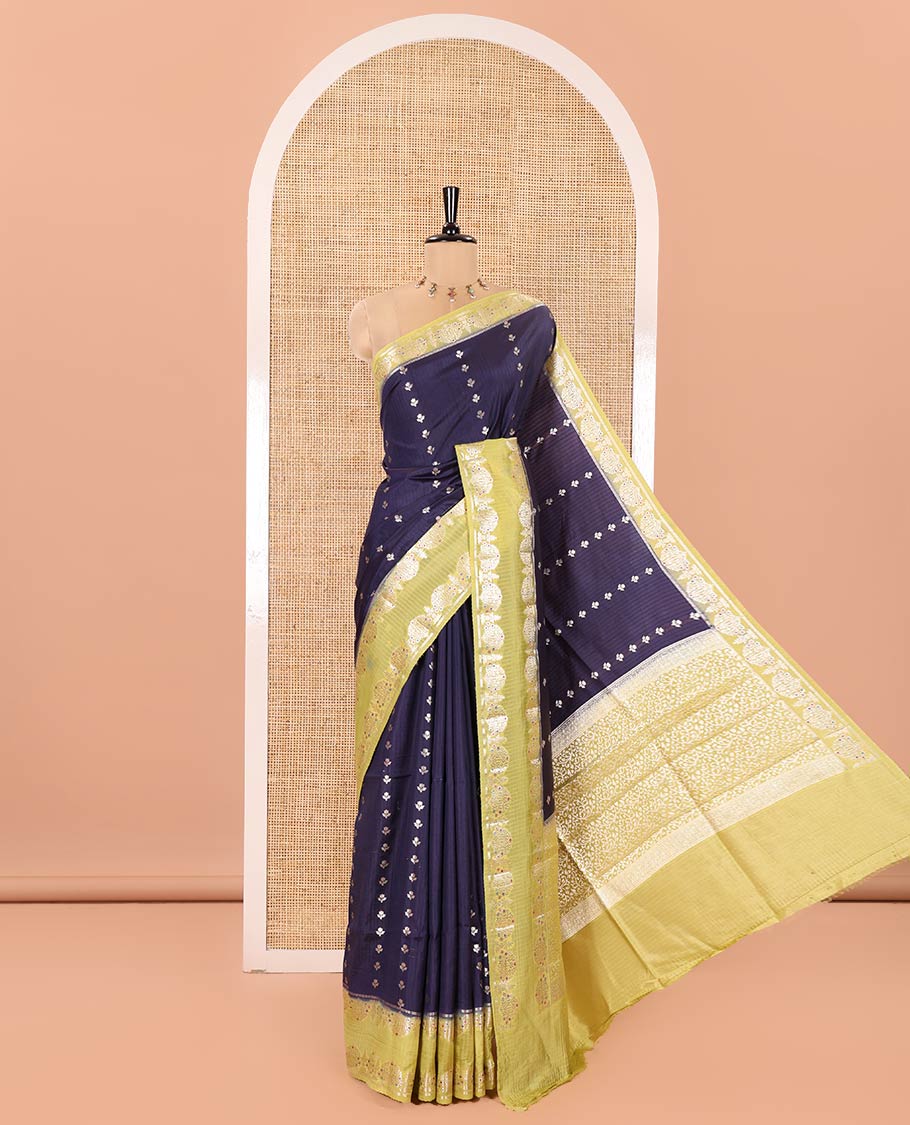 Blue-Colored Green Mango-Silk Saree, Enriched with Floral Zari Buttas All Over Its Body, Complemented by a Contrast Meenakari-Zari Floral Design Border, Pallu of Floral Jaal Designs, and Paired with a Contrast Blouse
