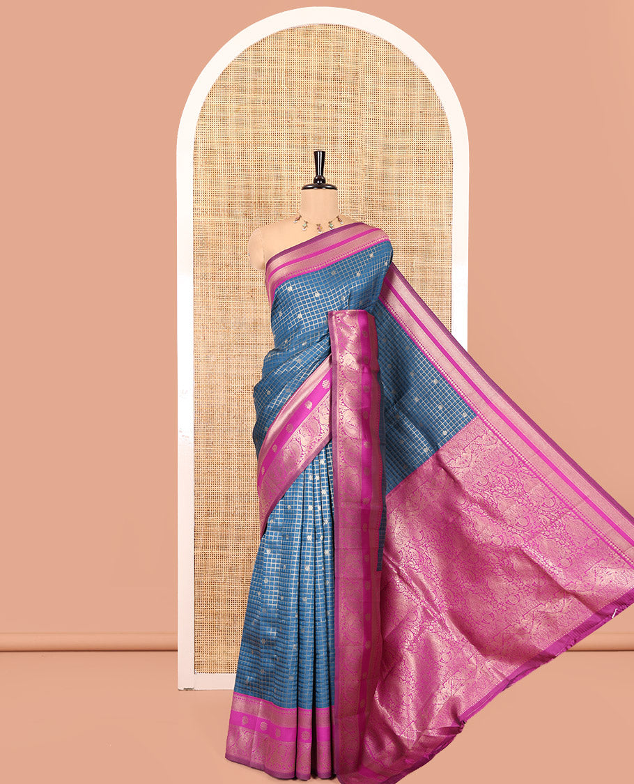 Rama Blue Litchi Saree Features Buttas and Checks, Contrast Traditional Peacock Border, Intricate Pallu, and a Contrast Blouse