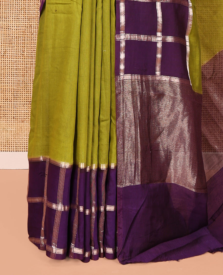Mehendi Green Plain Assam Silk Saree, Contrast Gharchola Checked Border, Gleaming Zari Striped Pallu, and a Contrast Blouse