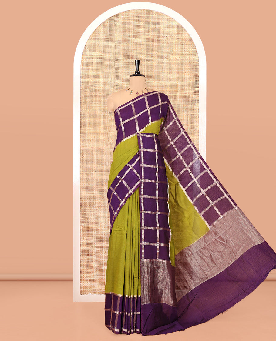 Mehendi Green Plain Assam Silk Saree, Contrast Gharchola Checked Border, Gleaming Zari Striped Pallu, and a Contrast Blouse