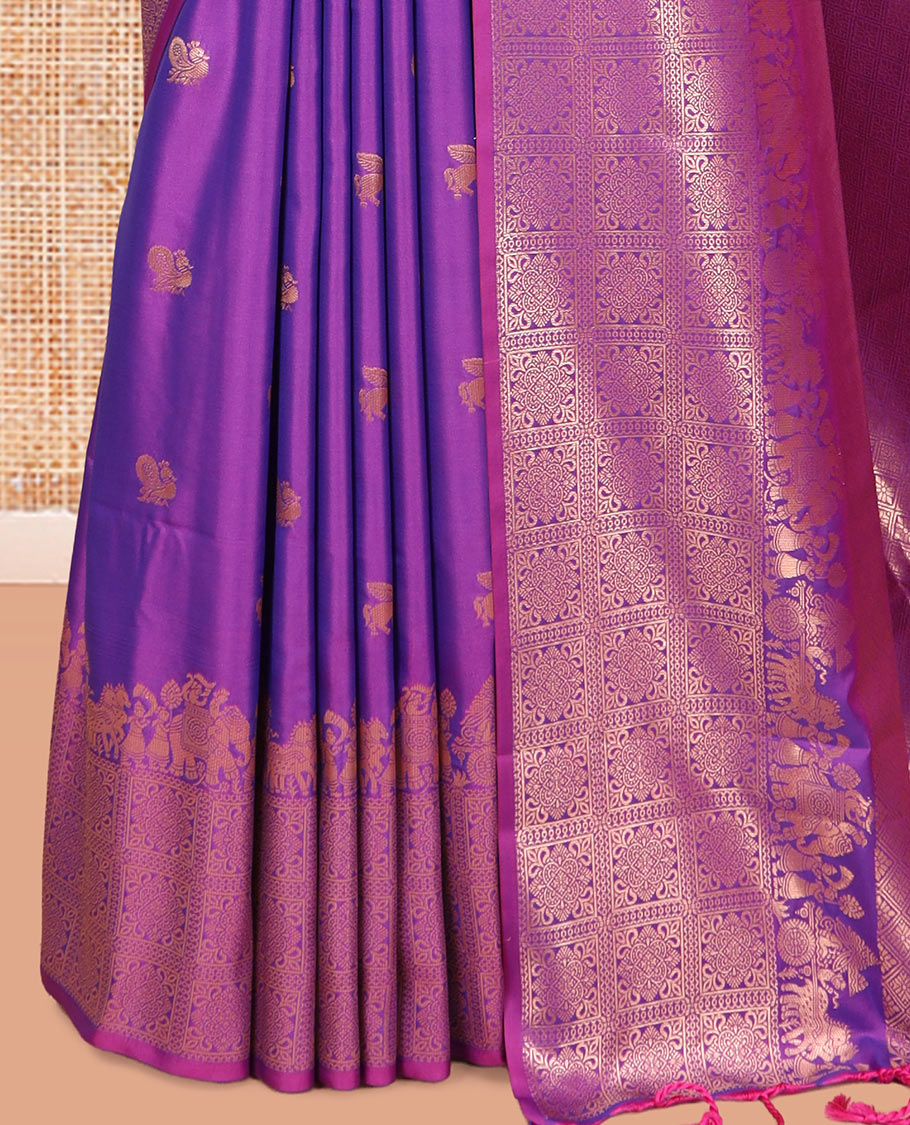 Purple Soft Silk Saree, Accentuated with Horse-Peacock Buttas, a Zari Border, Jaal Pallu, and a Matching Blouse