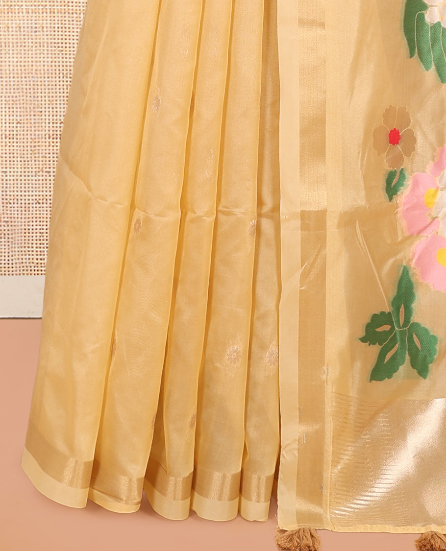 Gold Buttas Fancy Organza Silk Saree, a Zari Border, Paithani Floral-Bird Pallu, a Matching Blouse