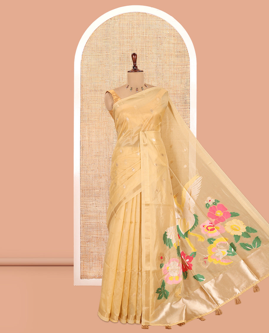 Gold Buttas Fancy Organza Silk Saree, a Zari Border, Paithani Floral-Bird Pallu, a Matching Blouse