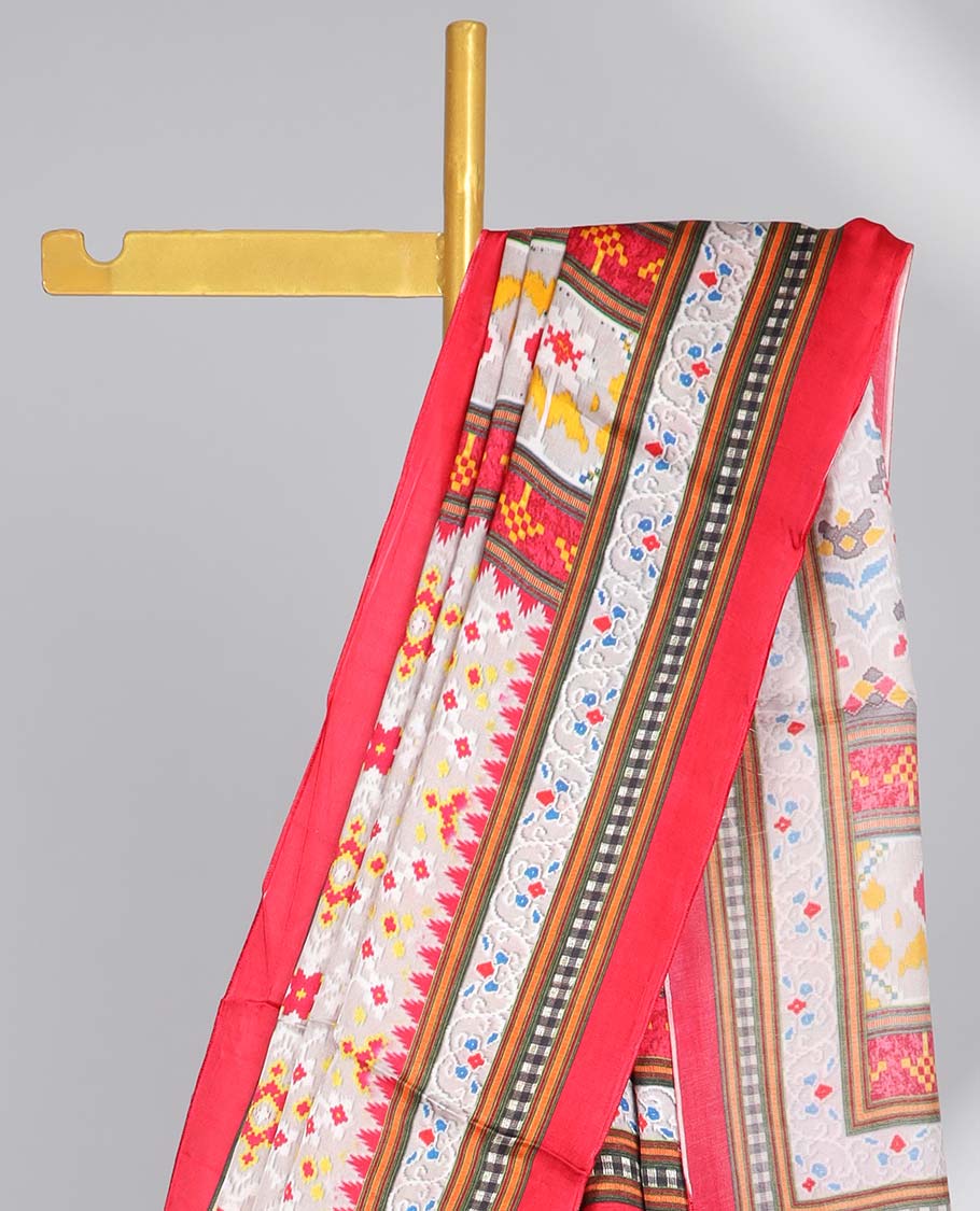 Cream geometric design semi-banaras printed saree with contrast geometric border & intricate design pallu