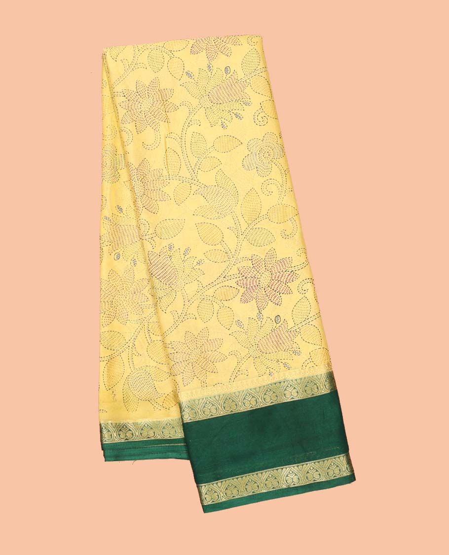 Yellow madhubani-style floral vine semi-banaras printed saree, contrast traditional design border & pallu of stripes