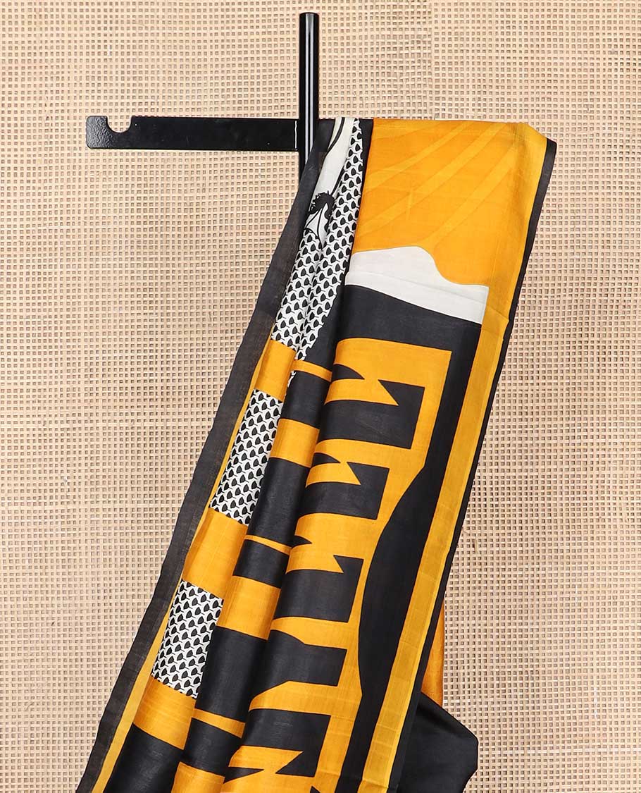 Black abstract design printed silk saree with contrast border & floral design pallu
