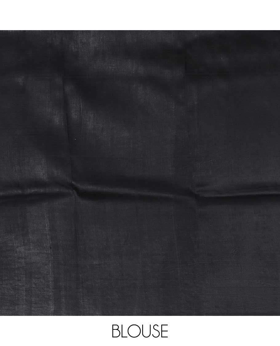 Black abstract design printed silk saree with contrast border & floral design pallu