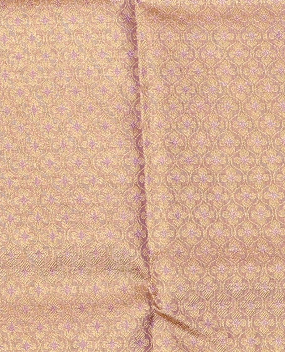 Pink pure-silk half saree, jacquard skirt, contrast border & blouse of rekku,muthu,rettai neli,stripes & kamlam motifs & intricate dhavani