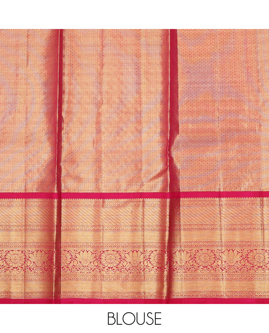 Pink pure-silk half saree, jacquard skirt, contrast border & blouse of rekku,muthu,rettai neli,stripes & kamlam motifs & intricate dhavani