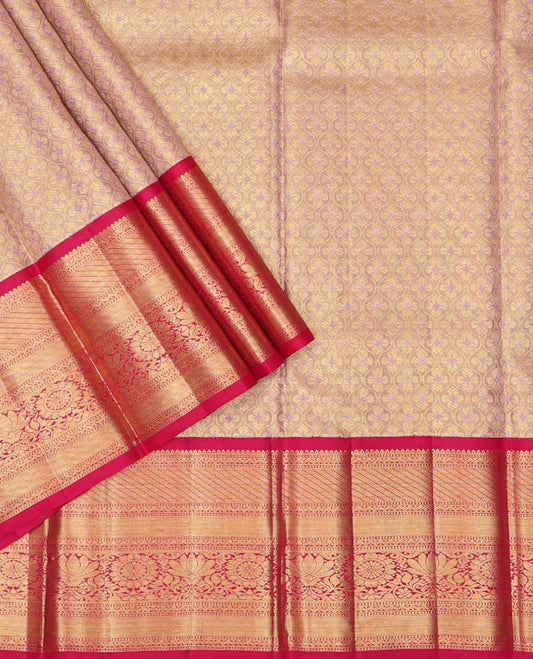 Pink pure-silk half saree, jacquard skirt, contrast border & blouse of rekku,muthu,rettai neli,stripes & kamlam motifs & intricate dhavani
