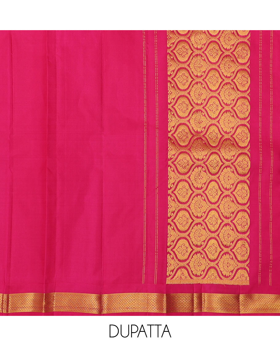 Pink pure-silk half saree, jacquard skirt, contrast border & blouse of rekku,muthu,rettai neli,stripes & kamlam motifs & intricate dhavani