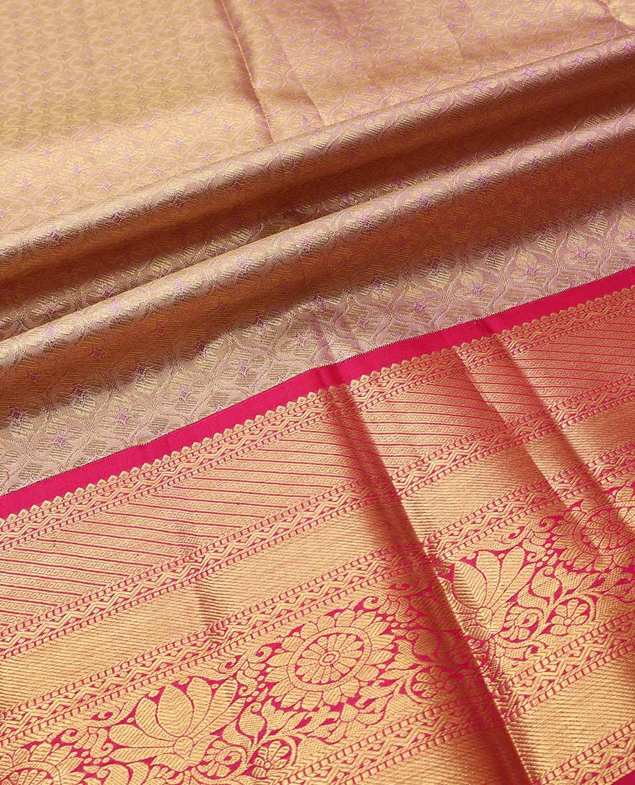 Pink pure-silk half saree, jacquard skirt, contrast border & blouse of rekku,muthu,rettai neli,stripes & kamlam motifs & intricate dhavani
